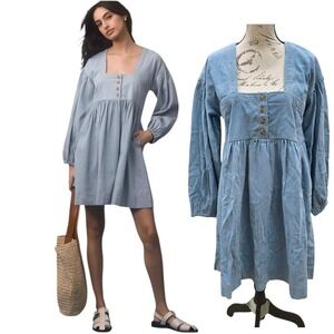 By Anthropologie -797 NWT Long-Sleeve Square-Neck Denim‎ Mini Babydoll Dress S